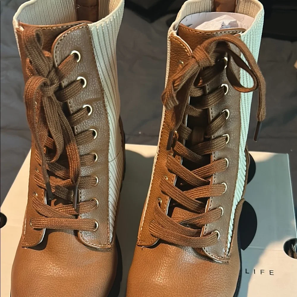 SO Tan and Cream Lace Up Boots with Chunky Sole - Picture 2 of 9